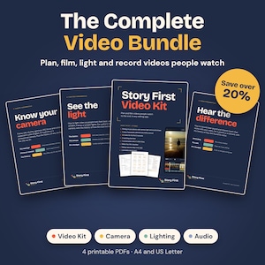 Peut inclure: Un ensemble de produits numériques intitulé The Complete Video Bundle comprenant quatre guides : Know your camera, See the light, Story First Video Kit et Hear the difference. Inclut un badge jaune Save over 20% et quatre fichiers PDF imprimables.
