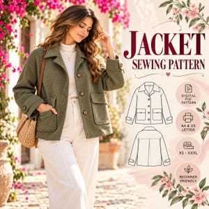 May include: A digital sewing pattern for a jacket, featuring a line drawing of the garment with front and back views. The text reads JACKET SEWING PATTERN, DIGITAL PDF PATTERN, A4 & US LETTER, XS - XXXL, and BEGINNER FRIENDLY.