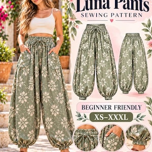 May include: A sewing pattern for Luna Pants featuring a sage green fabric with a white floral print. The design includes an elastic waistband with a drawstring, deep pockets, and elastic cuffs. The pattern is available in sizes XS to XXXL.