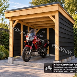 May include: A wooden motorcycle shelter with a flat roof and black horizontal siding. The structure features an open front design with natural wood support beams and a red motorcycle parked inside. Text on the image reads DamSkye designs PREVIEW.