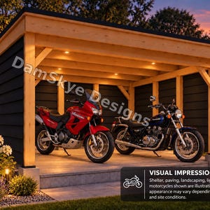 May include: A wooden carport structure with a flat roof and black horizontal siding, featuring recessed ceiling lights. Two motorcycles are parked inside the shelter. The text DamSkye Designs is visible, along with a box labeled VISUAL IMPRESSION.