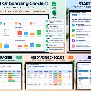 Può includere: Un modello digitale di lista di controllo per l'onboarding dei clienti per Google Sheets ed Excel. L'interfaccia mostra una dashboard con grafici, monitoraggio dei clienti, gestione delle attività, avvisi di scadenza e menu a discesa.