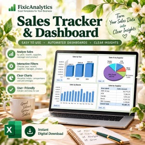 Könnte beinhalten: Ein Laptop zeigt eine Excel-Vorlage für Sales Tracker & Dashboard mit Balkendiagrammen, einem Kreisdiagramm und Datentabellen. Der Bildschirm zeigt Verkäufe nach Jahr, Monat und Lieferant. Ein weißer Becher mit dem Text Good Ideas Grow Sales steht neben einem Notizbuch.