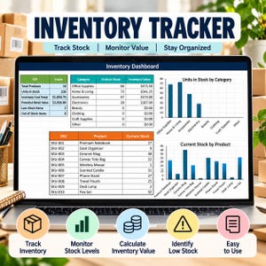 May include: A laptop screen displaying an inventory tracker dashboard with tables and bar charts. The interface shows KPI metrics, stock by category, and product-specific data. Five circular icons at the bottom represent tracking features.