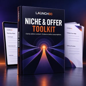 Könnte beinhalten: Ein schwarzes Buch mit dem Titel LAUNCH90 NICHE & OFFER TOOLKIT in weißer und oranger Schrift, das eine Grafik eines leuchtenden Pfades zu einer Lichtquelle zeigt. Daneben stehen ein Tablet und offene Seiten mit dem gleichen Branding.
