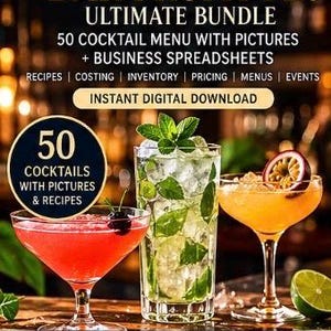 Può includere: Un pacchetto digitale intitolato BAR PROFIT PRO ULTIMATE BUNDLE che include 50 menu di cocktail con immagini e fogli di calcolo aziendali. La grafica mostra tre cocktail, tra cui una bevanda rossa, una alta guarnita con menta e una bevanda gialla.