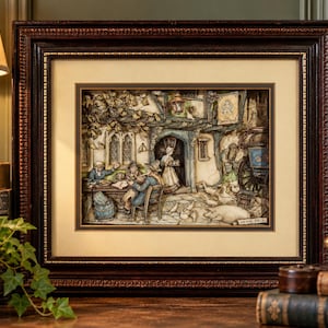 May include: A three-dimensional shadow box art piece featuring a tavern scene with figures, a pig, and geese, framed in dark wood with a cream mat. The artwork depicts people at tables, a building with a sign, and the signature Anton Pieck.