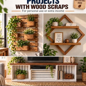 May include: A digital guide titled 120 Woodworking Projects With Wood Scraps featuring images of a vertical pallet planter, a diamond-shaped wall shelf, and a white wooden media console with a brown top, plus a list of required tools and materials.