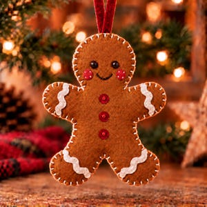 May include: A brown felt gingerbread man ornament featuring white blanket stitching along the edges, white wavy icing details on the arms and legs, red sequin buttons, and red polka-dot cheeks. A red velvet ribbon is attached to the top.