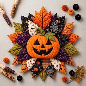 Puede incluir: Un tapiz de tela acolchada con una calabaza naranja central rodeada de hojas de tela superpuestas en forma de estrella, con patrones en naranja, negro, morado y crema con motivos de murciélagos, telarañas y estrellas.