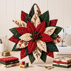 May include: A quilted fabric poinsettia ornament featuring layered, star-shaped petals in red, dark green, and cream with holly berry prints. The center is adorned with small red spheres. It includes a fabric loop at the top for hanging.