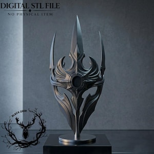 May include: A dark gray, pointed, multi-pronged helmet sculpture on a circular base. Text at the top reads DIGITAL STL FILE NO PHYSICAL ITEM. A logo with a deer head and branches is in the bottom left corner.