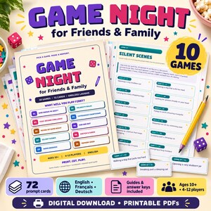 Peut inclure: Un kit de soirée jeux imprimable pour amis et famille comprenant 10 jeux et 72 cartes. L'ensemble inclut des feuilles d'instructions avec des titres comme Silent Scenes, un badge jaune 10 games, un crayon et des dés violets sur un fond décoré.