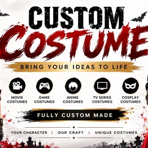 Puede incluir: Un banner promocional con el texto CUSTOM COSTUME BRING YOUR IDEAS TO LIFE. Muestra cuatro figuras con diversos atuendos detallados, incluyendo una capa blanca con capucha, una chaqueta roja, una armadura oscura y un traje con casco negro y dorado.