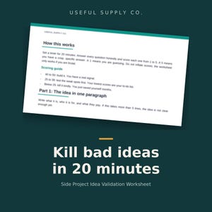 May include: A white worksheet titled Useful Supply Co. with instructions on how to validate ideas in 20 minutes. The text includes a scoring guide for results ranging from 40 to 50, 25 to 39, and below 25, plus a section for the idea in one paragraph.