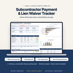 May include: A digital Excel and Google Sheets template for a Subcontractor Payment and Lien Waiver Tracker displayed on a laptop screen. The interface features financial data tables, bar charts, and status columns for construction project management.