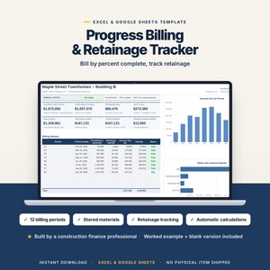Puede incluir: Una plantilla digital de Excel y Google Sheets para el seguimiento de facturación de progreso y retenciones mostrada en una pantalla de portátil. La interfaz muestra datos financieros, historial de facturación y gráficos para doce periodos.