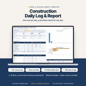 Puede incluir: Una plantilla digital de informe diario de construcción para Excel y Google Sheets mostrada en una pantalla de portátil. La interfaz muestra datos del proyecto, horas de trabajo y gráficos de seguimiento de retrasos y reportes.