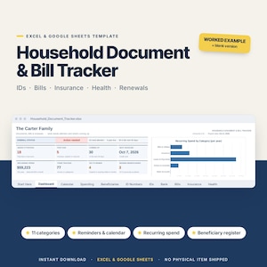 May include: An Excel and Google Sheets template for a Household Document and Bill Tracker. The interface displays a dashboard with categories for IDs, bills, insurance, health, and renewals, featuring a bar chart for recurring spend and status metrics.