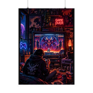 May include: A digital illustration of a person in a dark hoodie with a skull graphic playing a video game on a television. The screen displays a pixelated horned demon boss and a small character. The room features neon lights and game posters.