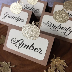 6 Thanksgiving Day Dinner tented Place Cards / Food Labels Glitter Pumpkin Escort cards image 1