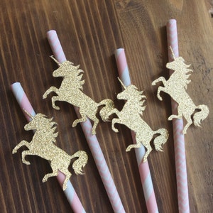 12 Magical Glitter Unicorn Birthday Pink Paper Straws - Unicorn Birthday Party