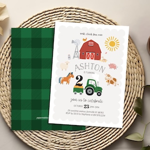 Editable Farm Animal Barnyard Birthday Party Invitation - Simplistic Green tractor Invitation - Cow Horse Sheep Pig Duck Custom Farm Invite