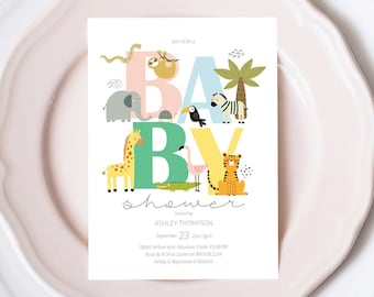 Editable Wild Safari Jungle Baby Shower Invitation - Jungle Animal Baby Shower Invite - Elephant Zebra Giraffe Tiger Shower Invite 5x7 PDF