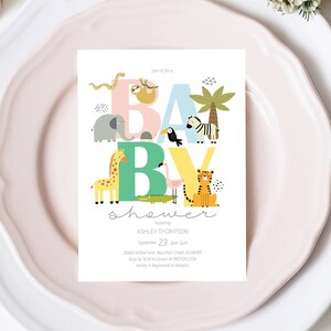 Editable Wild Safari Jungle Baby Shower Invitation - Jungle Animal Baby Shower Invite - Elephant Zebra Giraffe Tiger Shower Invite 5x7 PDF