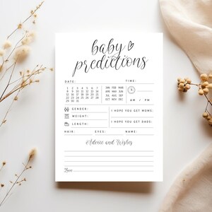 Modifiable Simple Heart Modern Predictions Baby Shower Game - Baby Heart Prédictions noir et blanc et carte de conseils de souhaits - PDF 5x7 PDF