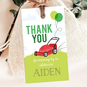 Etiqueta de regalo de agradecimiento de cumpleaños editable para niño con cortadora de césped: etiqueta de regalo de agradecimiento para cumpleaños de Boy Outdoor Gardening Too, 2 x 3,5