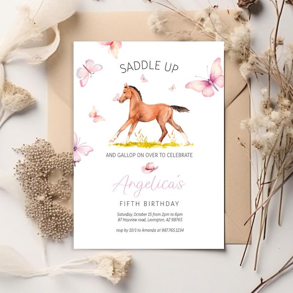 Editable Saddle Up Girl Horse Birthday Party Invitation - Simplistic Girl Farm Horse Butterfly Invite -  Cowgirl Pony Gallop on Over Invite
