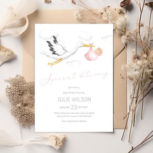 Editable Special Delivery Baby Shower Invitation - Stork Bird With Baby Girl in Pink Blanket Flying Delivery Baby Shower Invitation PDF 5x7