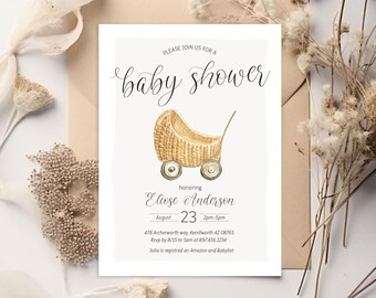 Bewerkbare Vintage kinderwagen wandelwagen baby shower uitnodiging - Boho genderneutrale baby shower - Boho kinderwagen baby shower uitnodiging PDF 5x7