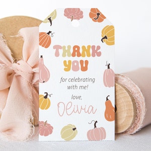 Bewerkbaar: onze kleine pompoen verjaardag bedankje tag - retro pompoen verjaardag bedanktag - Groovy Pumpkin Favor cadeaulabel - 2 x 3,5 pdf