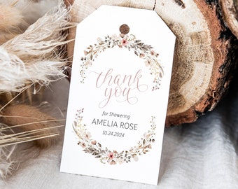 May include: White thank you tag with a floral wreath design. The text reads "Thank you for showering Amelia Rose 10.24.2024".