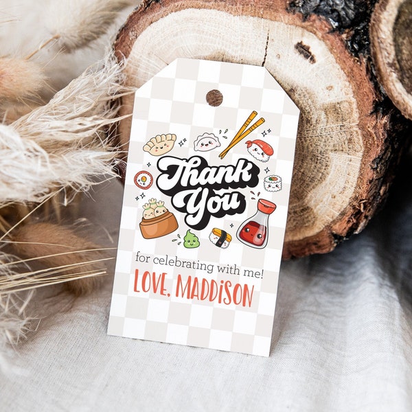 EDITABLE Retro Sushi Let the Good Times Roll Birthday Favor Thank You Gift Tag - Hibachi Checkered tag - Sushi Night Gift Tag 2x3.5 PDF