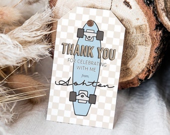 May include: A blue and brown thank you tag with a checkered background. The tag features a cartoon skateboard and the text "Thank You for celebrating with me from Ashton".
