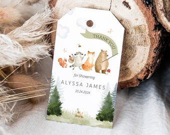 Editable Woodland Animal Forest Baby Shower Thank you Favor Tag - Bear, Fox, Owl, Raccoon, Squirrel Thank You Tag PDF DIY 2x3.5