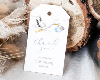 EDITABLE Special Delivery Baby Shower Thank You Gift Tag - Stork Bird With Baby Boy in Blanket Flying Baby Shower Favor Tag 2x3.5 PDF