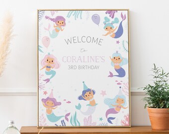 EDITABLE Little Mermaid Splish Splash Birthday Welcome Poster -Under the sea Mermaid Welcome Sign- Modern Simple Mermaid Welcome Sign 16x20