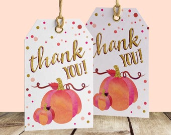 Our Little Pumpkin Birthday Favor Thank You Gift Tag - 2x3 DIY Printable Tags - Thank you Fall Pumpkin watercolor Favor Gift Tag