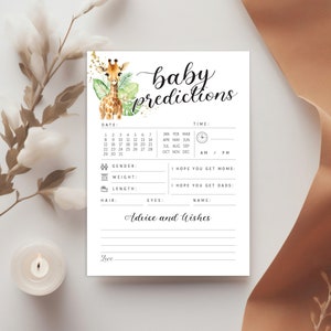 Bearbeitbare Baby-Giraffe-Vorhersagen Baby-Dusche-Spiel - Safari Giraffe Tropische Blätter Baby-Vorhersagen & Wish Advice-Karte - PDF 5x7 PDF