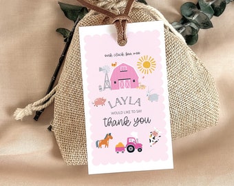 EDITABLE Farm Girl Birthday Modern Favor Thank You Gift Tag - Girl Pink Tractor Farm Thank you Favor Tag - Farm Animals Favor Tag 2x3.5 PDF