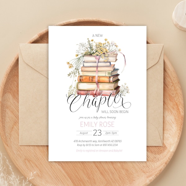 Editable A New Chapter is Will Soon Begin Baby Shower Invitation - Storybook Baby Shower - Library Book Baby Shower Invitation 5x7 PDF