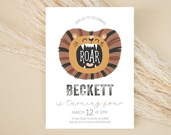 Editable Roar Lion Birthday Invitation - Wild Big Cat Lion Simplistic Birthday Invitation - Roar I'm Four Lion Invitation 5x7 PDF