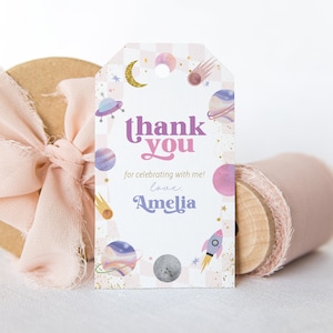 EDITABLE Two the Moon Birthday Favor Thank You Gift Tag - Girls Galaxy Planets Second Birthday Party Tag - Space Pink Purple Tag 2x3.5 PDF