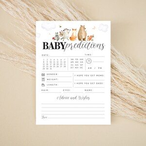 Tarjeta de ducha de predicciones de bebé de bosque de animales de bosque editable - Predicciones de baby shower y tarjeta de consejos - Tarjeta de deseos de bebé PDF 5x7 PDF