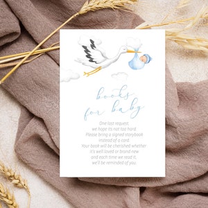 Bewerkbare speciale bezorging babyshowerboeken voor baby - Ooievaarsvogel met babyjongen in deken vliegen Breng een boekenbibliotheek Babykaart PDF 3,5x5