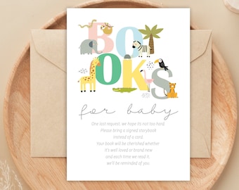 Editable Wild Safari Jungle Baby Shower Books for Baby/Jungle Animal Elephant Zebra Giraffe Tiger Bring a Book Library Baby Card PDF 3.5x5